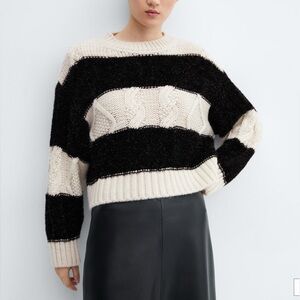 NWT MNG Striped Black Metallic Cream Women's Sweater Oversized Cropped Large